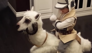 Ein Junge und sein Tauntaun-Kostüm